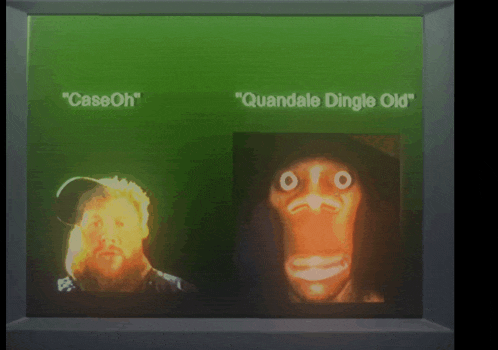 a screen shows a man and a monkey with the words " case oh " and " quandale dingle old " on the bottom