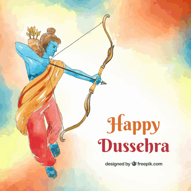 a drawing of a man with a bow and arrow and the words happy dussehra