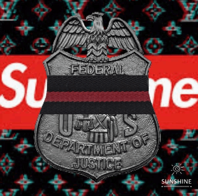 a badge from the u.s. department of justice with a red and black stripe on it .