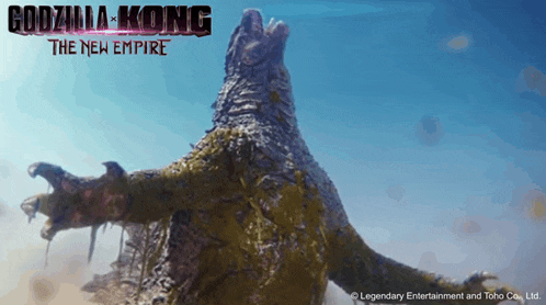 a poster for godzilla kong the new empire shows a large monster