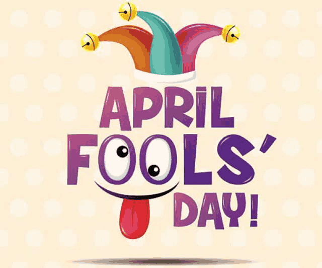 april fools day greeting card with a jester hat and a smiling face sticking out his tongue .