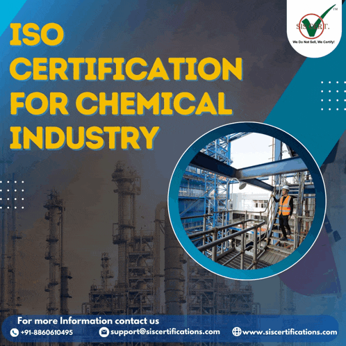 a poster for iso certification for chemical industry with a picture of a factory