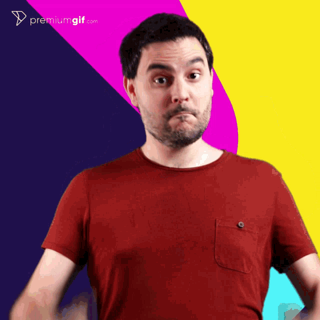 a man in a red shirt is making a funny face in front of a premium gif.com background