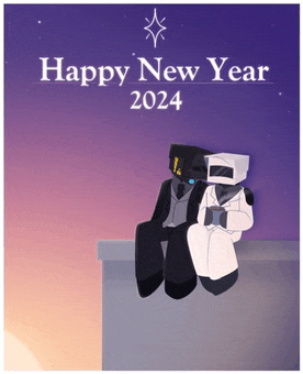 a new year greeting card with two robots sitting on a ledge