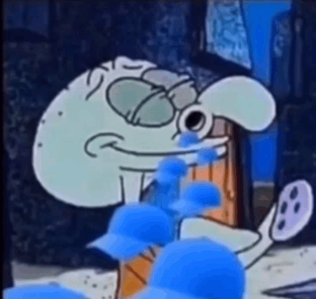 squidward from spongebob squarepants is wearing a pair of glasses and holding a bunch of blue hats .