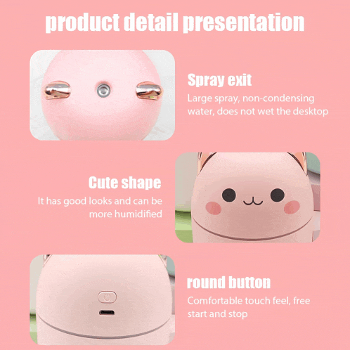 a product detail presentation for a pink humidifier