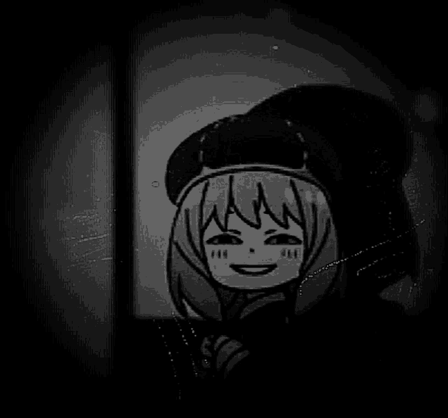 a black and white drawing of a girl in a hat smiling .