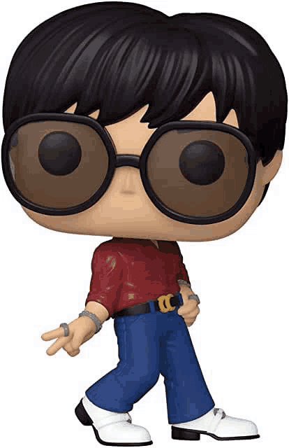 a funko pop figure of a man wearing glasses and a red shirt .