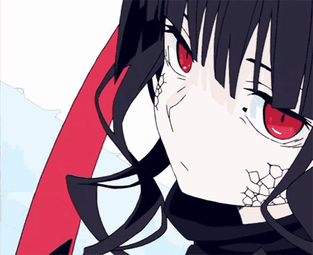 a close up of a girl with red eyes