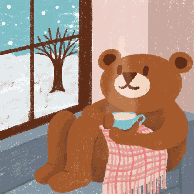 a brown teddy bear is sitting on a window sill holding a cup of coffee