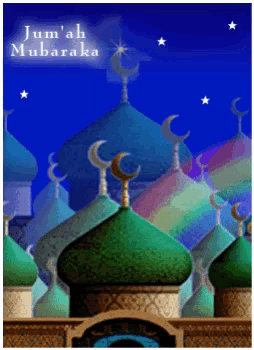 a jum 'ah mubarak greeting card with colorful buildings