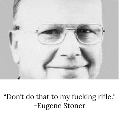 a black and white photo of a man wearing glasses with a quote from eugene stoner