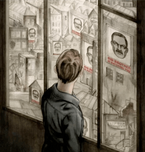 a drawing of a man looking out a window with a big brother is watching you sign on it