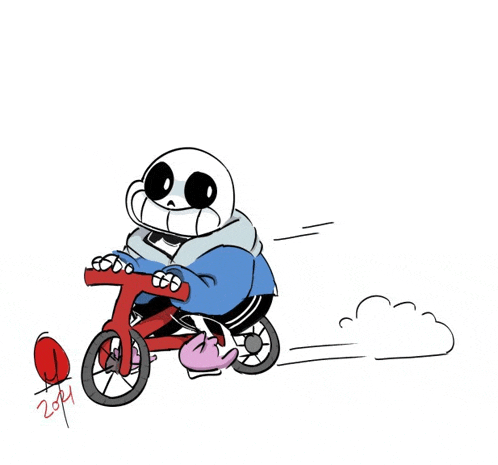 a drawing of a skeleton riding a bicycle with a pink rabbit .