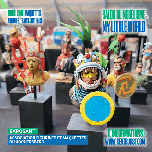 a poster for salon du modelisme my little world shows a group of statues on display