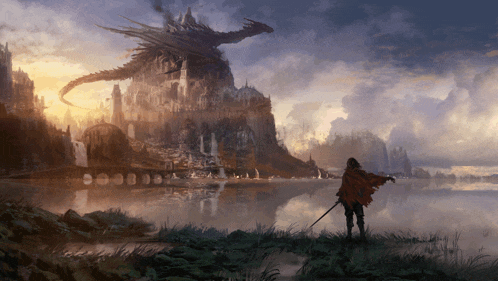 a man with a sword stands in front of a castle with a dragon in the background