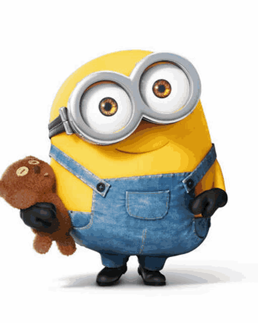 a yellow minion wearing goggles and overalls is holding a brown teddy bear .