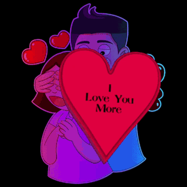 a cartoon of a man and woman hugging a heart that says i love you more