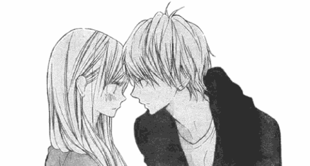 a black and white drawing of a boy and a girl kissing each other .