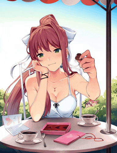 a girl is sitting at a table eating a chocolate