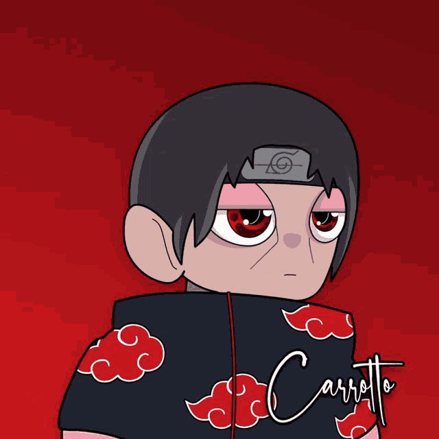 a cartoon drawing of a boy with red eyes and the name carrotto on the bottom right