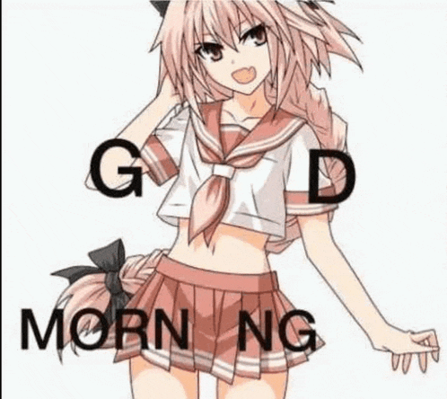 a drawing of a girl in a sailor suit with the words `` good morning '' written on it .