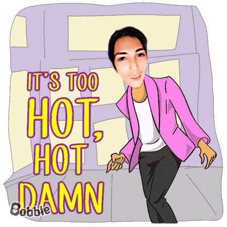 a cartoon of a woman with the words it 's too hot hot damn on the bottom