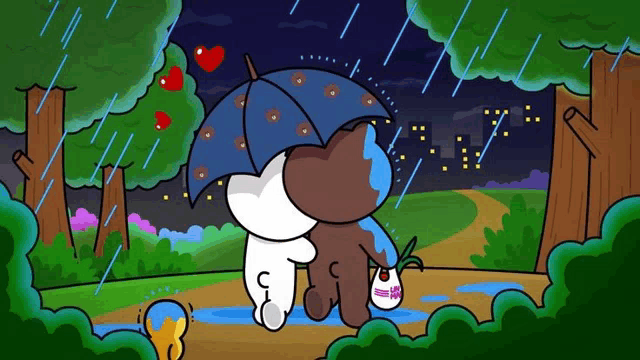 a cartoon of two bears holding an umbrella while walking in the rain