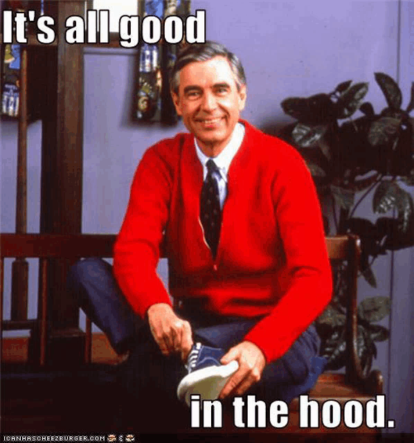 a man in a red sweater and tie is sitting on a bench with the caption it 's all good in the hood .