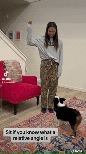 a woman is standing next to a dog in a living room with a red chair and a rug and a tiktok sticker