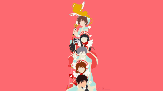 a group of anime characters are stacked on top of each other on a red background