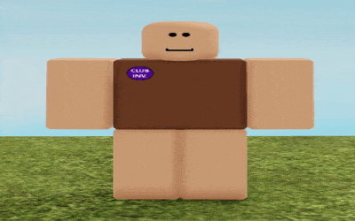 a roblox character is wearing a brown shirt with a purple club inn sticker on it