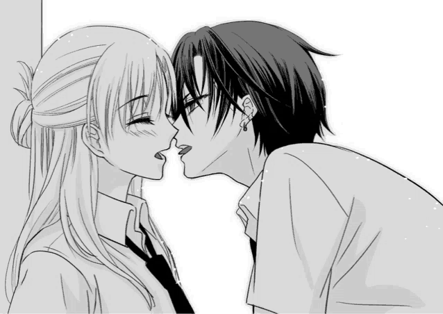 a black and white drawing of two anime characters kissing