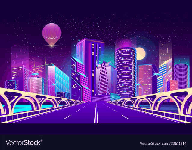 a futuristic city at night with a bridge and a hot air balloon in the sky .