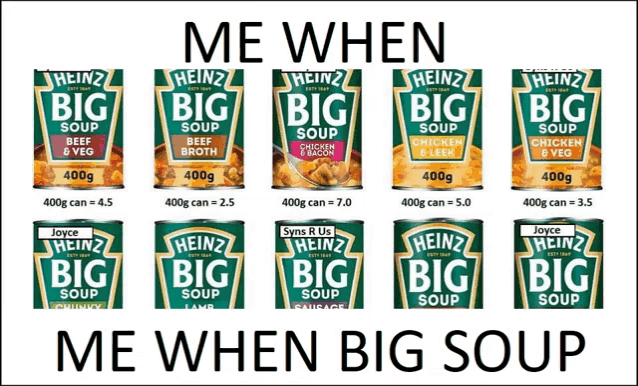 several cans of heinz big soup are on a white background