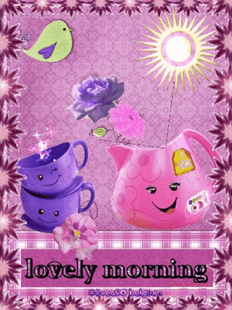 a lovely morning greeting card with a pink teapot and purple cups