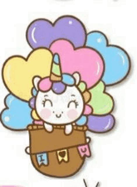 a unicorn is flying in a hot air balloon surrounded by balloons and clouds .