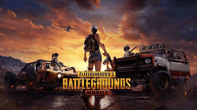 a poster for playerunknown 's battlegrounds mobile shows a woman standing between two vehicles