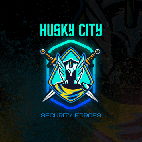 a logo for husky city security forces with a knight holding two swords