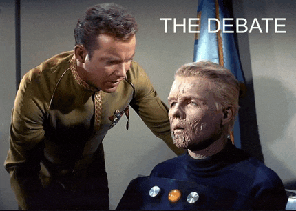 two men standing next to each other with the words " the debate " on the bottom