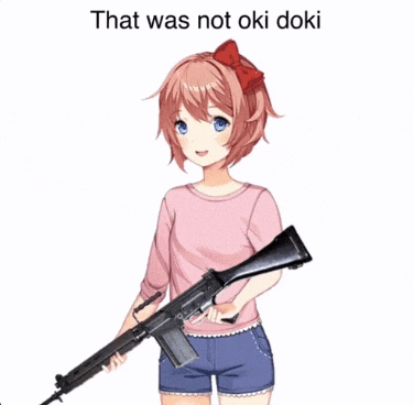 a girl in a pink shirt is holding an assault rifle with the caption that was not oki doki