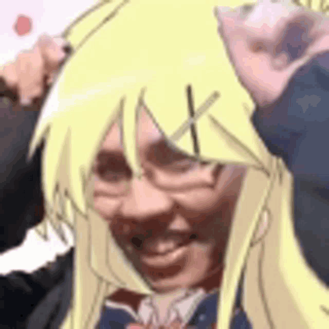 a close up of a person wearing glasses and a yellow haired anime character holding their head .