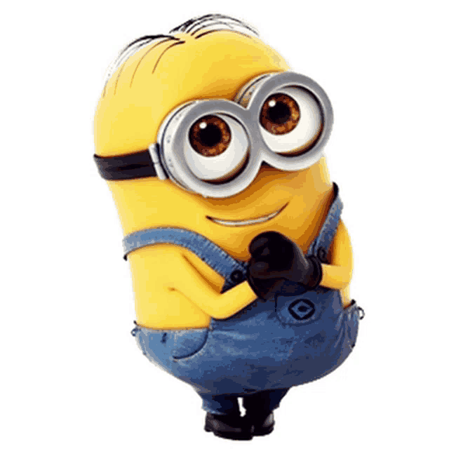 a yellow minion wearing goggles and overalls is standing with his hands folded