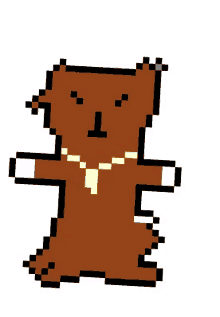 a pixel art of a brown teddy bear wearing a gold necklace .