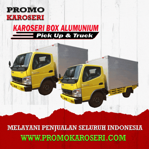 two yellow trucks with the words karoseri box aluminium pick up truck