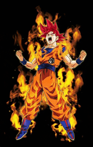 a cartoon character with red hair is standing in front of a black background surrounded by fire .