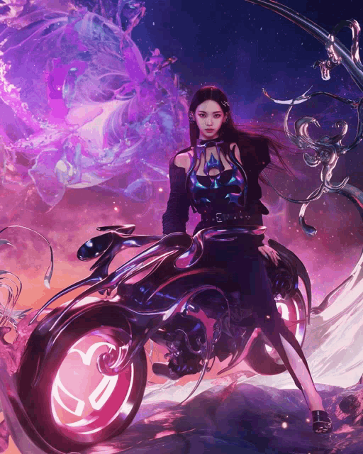 a woman is sitting on a futuristic motorcycle with the letter g on the wheel