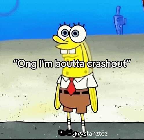 spongebob says " ong i 'm boutta crashout " while standing on the beach