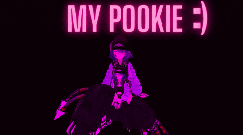 a girl in a purple dress is sitting under a neon sign that says my pookie