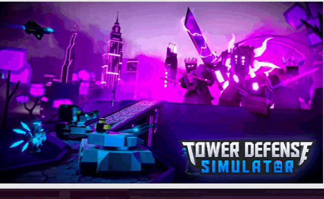 a poster for tower defense simulator shows a purple city